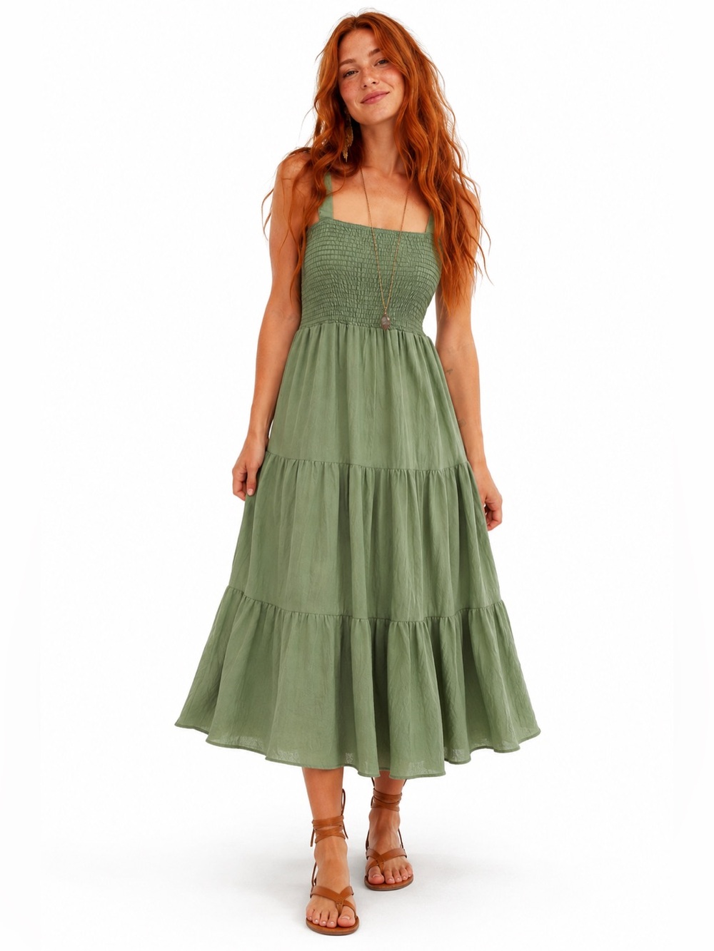 Sweet Wanderer Sage Green Smocked Tiered Midi Dress Boho Cottagecore Small